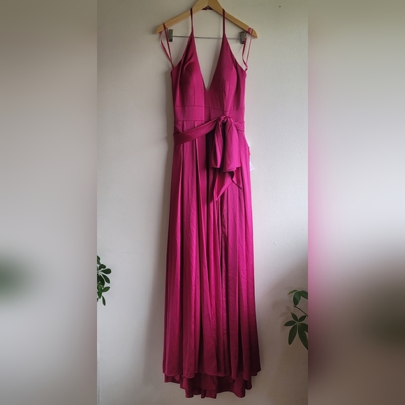 Ieena for Mac Duggal,Charmeuse Halter Strap Soft Tie Waist Gown, Magenta, Size 6 - Picture 3 of 10